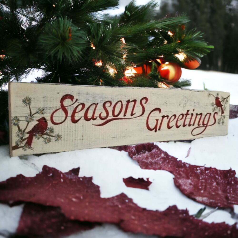 Seasons Greetings Red Birds New Christmas Sign Wooden Rectangular